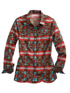 Tin Haul Brown Snap Up Button-Up Shirt Turquoise Pink Aztec Print